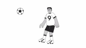 African american player juggling soccer ball bw 2D character animation. Hitting outline cartoon 4K video, alpha channel. Black male soccer player practice animated person isolated on white background video