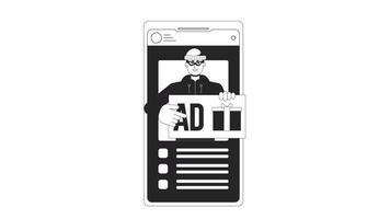 Mobile phone with ad fraud bw outline 2D animation. Online advertising on smartphone 4K video motion graphic. Fraudster on cellphone monochrome linear animated cartoon flat concept, white background
