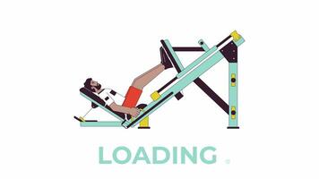 Muscle building with leg press machine line 2D loading animation. Man pressing forward footplate animated cartoon linear character 4K video loader motion graphic. Work out class download process gif