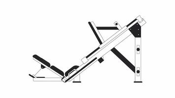 Leg press machine in action bw outline 2D object animation. 45 degree lunges exercise monochrome linear cartoon 4K video. Gym equipment. Bodybuilder gear animated item isolated on white background video