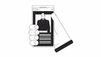 Hand holding phone with fake online identity bw outline 2D animation. Create false profile on gadget 4K video motion graphic. Monochrome linear animated cartoon flat concept, white background