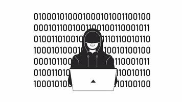 Hacker binary code bw outline 2D animation. Coding security 4K video motion graphic. Malware detection. Dark web user, hacktivist monochrome linear animated cartoon flat concept, white background