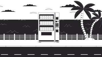 Drink vending machine on waterfront bw lo fi animated background. Beverage automat 80s retro lofi aesthetic wallpaper cartoon animation. Sundown quay monochrome linear chill 4K video motion graphic