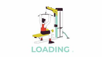 Muscle building with lat pulldown machine line 2D loading animation. Man dragging bar down animated cartoon linear character 4K video loader motion graphic. Back exercises download process gif