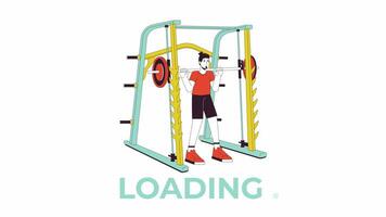 Muscle building with weight power rack line 2D loading animation. Gym male strength training animated cartoon linear character 4K video loader motion graphic. Gaining muscle mass download process gif