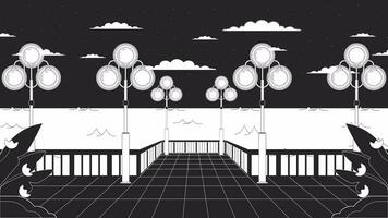 Night waterfront with streetlights bw lo fi animated background. City quay 80s retro lofi aesthetic wallpaper cartoon animation. Flickering lampposts monochrome linear chill 4K video motion graphic