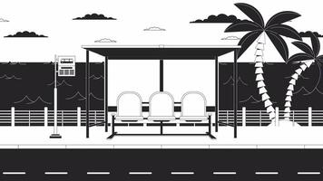 Bus stop bench on twilight waterfront bw lo fi animated background. Waiting for bus 80s retro lofi aesthetic wallpaper cartoon animation. Tropical city monochrome linear chill 4K video motion graphic