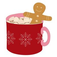 A cup of Hot chocolate. Christmas drink on a white background. A red mug of Cocoa with a Snowflake and Cookies. Seasonal banner. Colorful vector illustration. Digital hand-drawn Holiday Decoration.