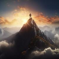 A person conquering a mountain peak symbolizing overcoming AI Generated Image photo