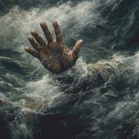 At sea during a storm a hand sticks out of the water between various wreckage AI Generated Image photo