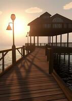 un muelle ese va terminado agua y un puesta de sol ai generado imagen foto