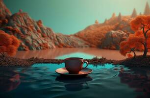 Autumn landscape with cup of hot coffee photography AI Generated Image photo