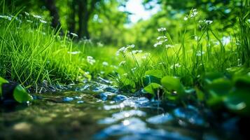 un lozano prado de vibrante verde naturaleza con agua corriendo ai generado imagen foto