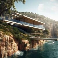 A luxury seafront cliffside villa designed photography AI Generated Image photo