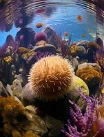 An aquarium showing sea urchins and sea lettuce AI Generated Image photo