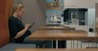 Woman in cafe browsing web on mobile video