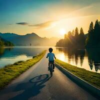 A boy raiding cycle besides a lake and sun in the sky AI Generated. Use web and any type of design projects. photo