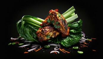 Baked green onion kebab grilled chicken without background AI Generated Photo