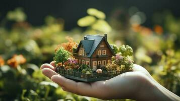 caring for the environment. miniature house in a man's hand. AI Generated. photo