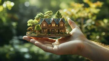 caring for the environment. miniature house in a man's hand. AI Generated. photo