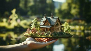 caring for the environment. miniature house in a man's hand. AI Generated. photo