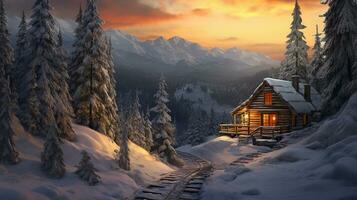 Beautiful Winter hut in a stunning alpine landscape winter scenery AI Generated Image photo