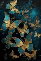 Black and blue butterflies with gold flowers wallpaper AI Generated Image photo