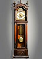 An antique pendulum clock hanging from a wall 35 mm photography AI Generated Image photo