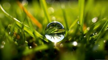 macro shot of a drop on the grass background AI Generated Image photo