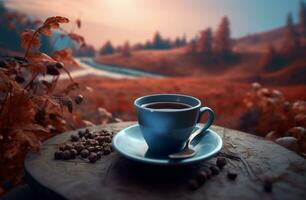 Autumn landscape with cup of hot coffee photography AI Generated Image photo