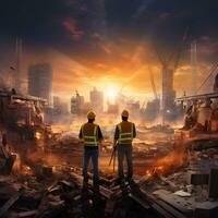 Civil Engineer construction Building Dreams in yellow vests Hard working safety and helmets photo