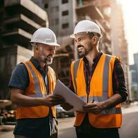 Civil Engineer construction Building Dreams in yellow vests Hard working safety and helmets photo