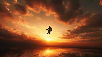 un hombre flotante en el cielo puesta de sol fotografía ai generado foto
