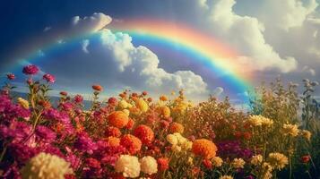 Blue sky clouds rainbow bright flowers brilliant sunlight AI Generated Image photo