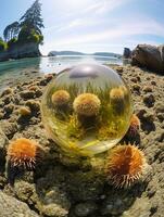 An aquarium showing sea urchins and sea lettuce AI Generated Image photo