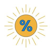Percentage in sun sign 2D linear cartoon marketing sticker. Sunshine percent discount isolated line vector price badge white background. Color flat spot illustration, advertising commercial event