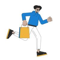 Shopper male running with boutique bag 2D linear cartoon character. Hispanic man in sunglasses in rush isolated line vector person white background. Shopaholic hurrying color flat spot illustration