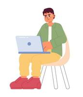 Eyeglasses man sitting in chair with laptop 2D cartoon character. Eyewear asian male freelancer typing on notebook isolated vector person white background. Programmer guy color flat spot illustration