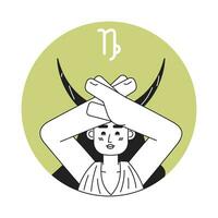 Capricorn zodiac sign monochrome round vector spot illustration. Woman raising hands 2D flat bw cartoon character for web UI design. Astrology isolated editable hand drawn hero image