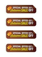 Special offer autumn sale brown long stickers set. Sale 35, 45, 55, 65 off discount vector