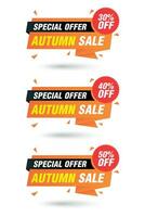 Special offer autumn sale, orange origami labels set. Sale 30, 40, 50 off discount vector