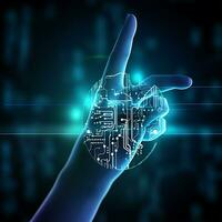 A Businessman's hand finger touching with cyberpunk neon cyber space lighting technology circuit photo