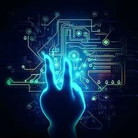 A Businessman's hand finger touching with cyberpunk neon cyber space lighting technology circuit photo