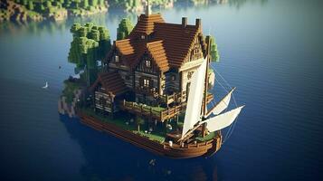 a boat with a nice house around water AI Generated Image photo