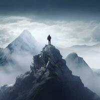 A person conquering a mountain peak symbolizing overcoming AI Generated Image photo