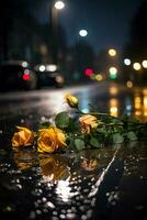 ciudad noche lluvia la carretera mojado por lluvia calle luces un pocos Rosa ai generado imagen foto