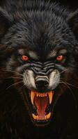 Black wolf angry close-up front view Beautiful wildlife AI Generated Image photo