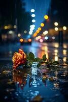City night rain road wet by rain street lights a few rose AI Generated Image photo