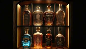 a luxurious bourbon shelf filled with rare vintage bottles each with a unique label AI Generated Image photo
