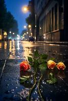 ciudad noche lluvia la carretera mojado por lluvia calle luces un pocos Rosa ai generado imagen foto